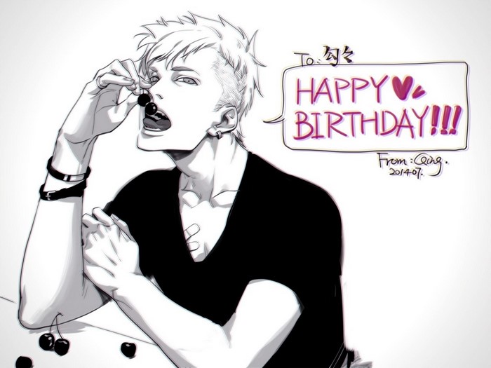 Anime character eating cherries with birthday message