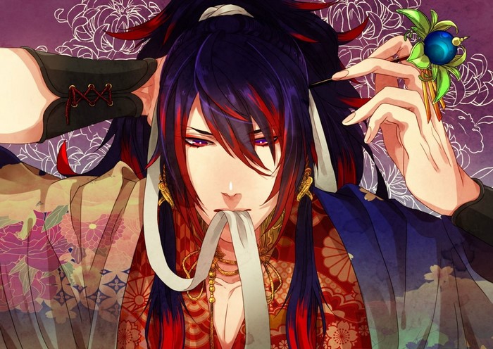 Anime man with dark hair and red streaks