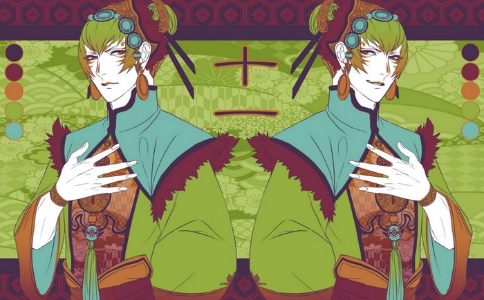 Anime illustration of a symmetrical male character with green hair