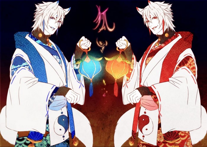 Two anime fox-eared men holding lanterns