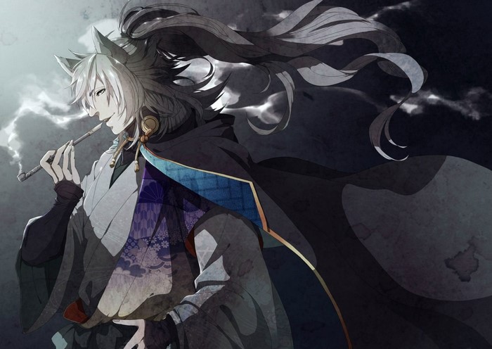 Anime character with wolf ears smoking a pipe