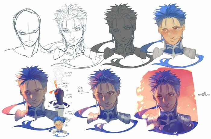 Character art process of Archer from Fate/stay night