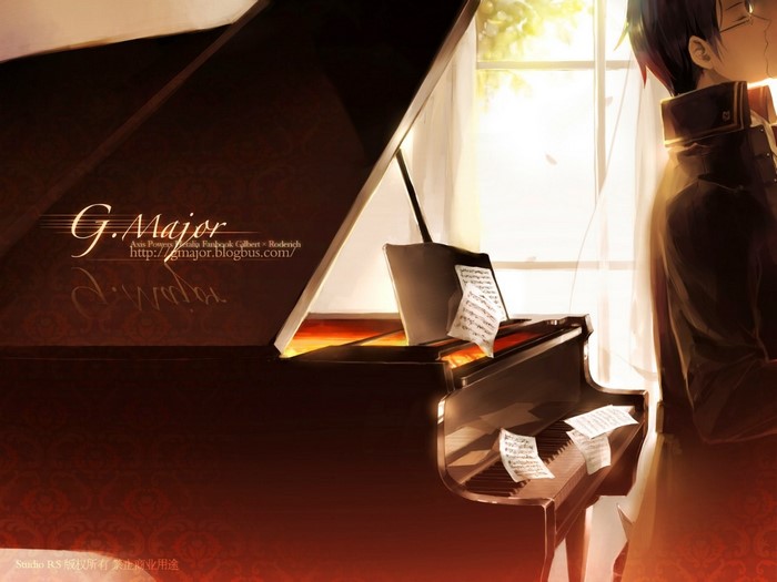 Anime characters by a grand piano