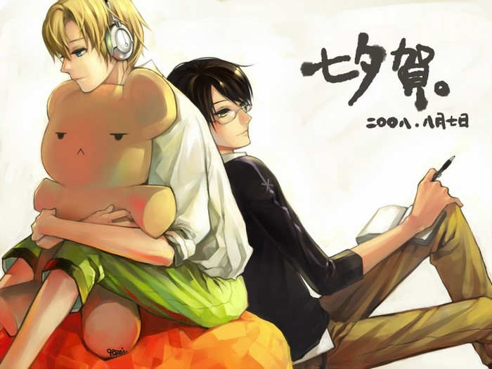 Two anime boys with headphones and glasses, one holding a teddy bear