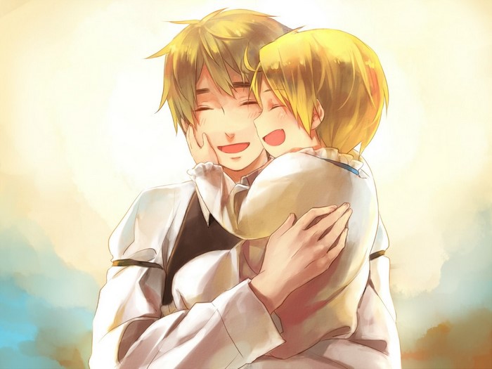 Two anime boys hugging in front of a bright background