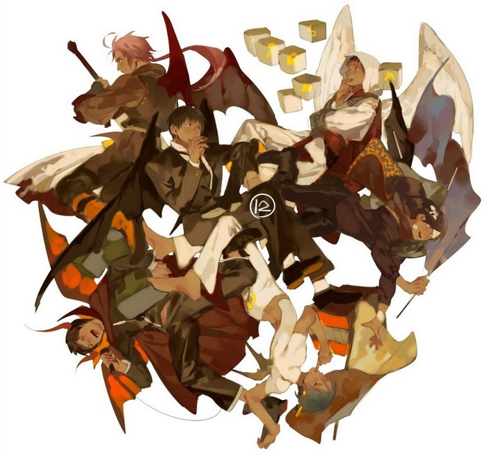 Group of anime characters with wings and costumes