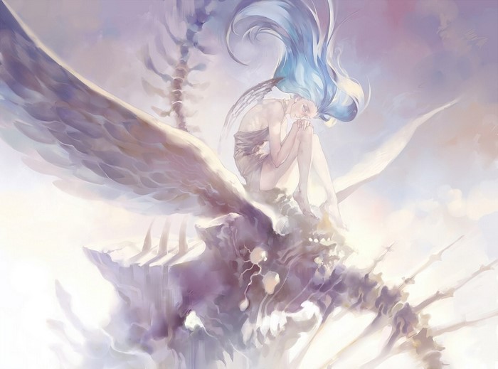Angel with blue hair sitting on a skeletal creature