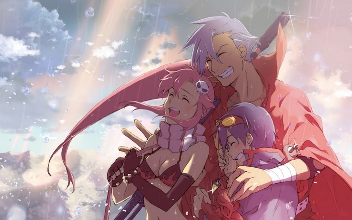 Yoko Littner, Kamina, and Simon from Tengen Toppa Gurren Lagann in the rain