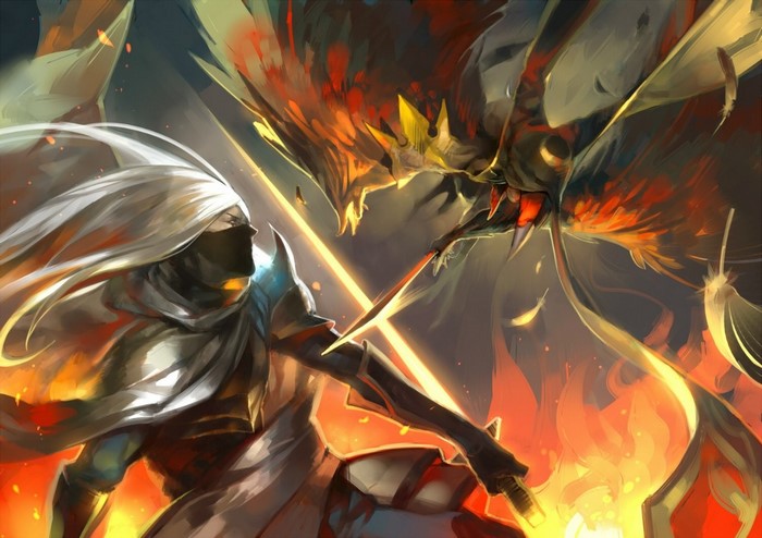 Fantasy warrior fighting a fiery winged creature