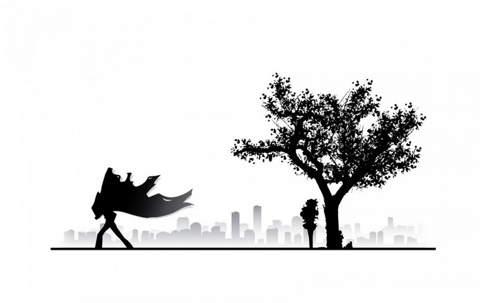 Silhouette of a character with a cape and a tree in a city