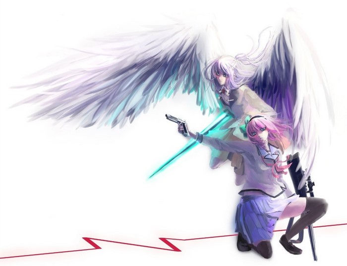 Two anime girls with wings, one holding a gun
