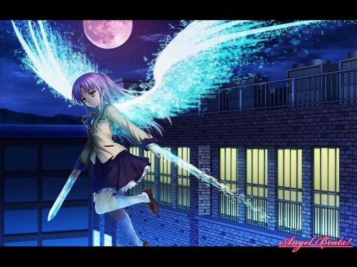 Angel Beats! Kanade Tachibana with glowing wings and swords