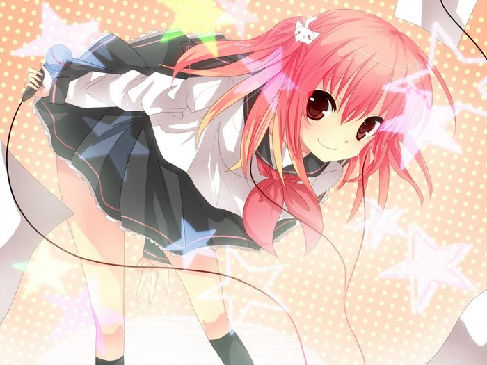 Anime girl with pink hair singing into a microphone