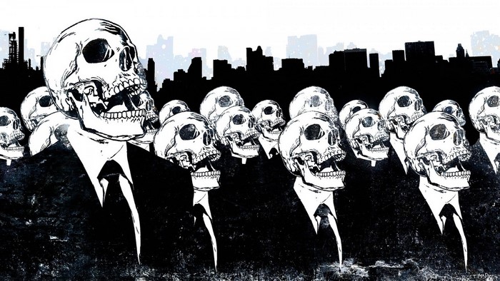 Illustration of Skulls in Suits by Alex Cherry