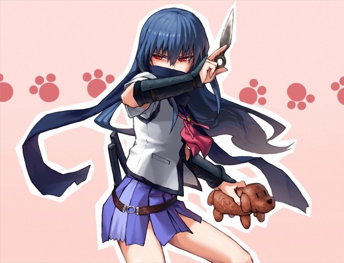 Kanade Tachibana from Angel Beats holding a kunai and a plush dog