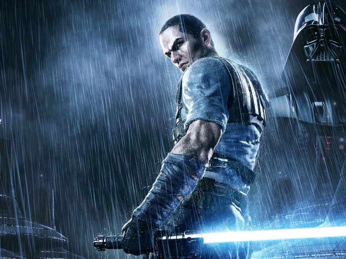 Starkiller from Star Wars holding a lightsaber in the rain