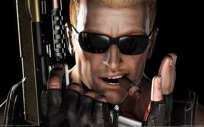 Duke Nukem holding a golden gun and smoking a cigar