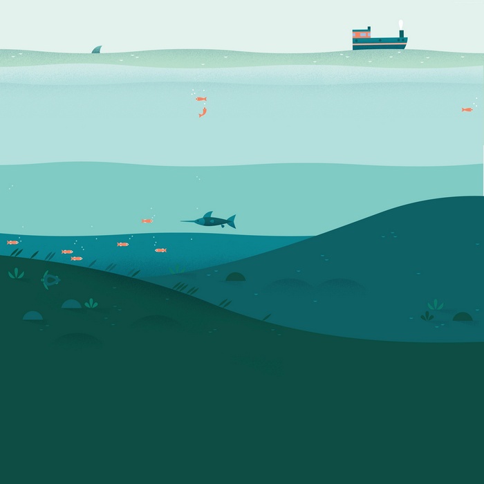 Underwater scene with fish and a swordfish