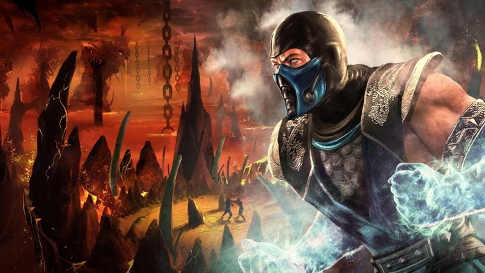 Sub-Zero from Mortal Kombat in a fiery landscape