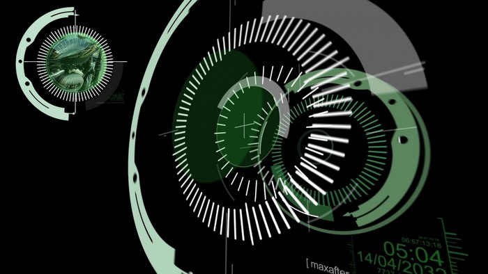 Futuristic digital interface with data and clock