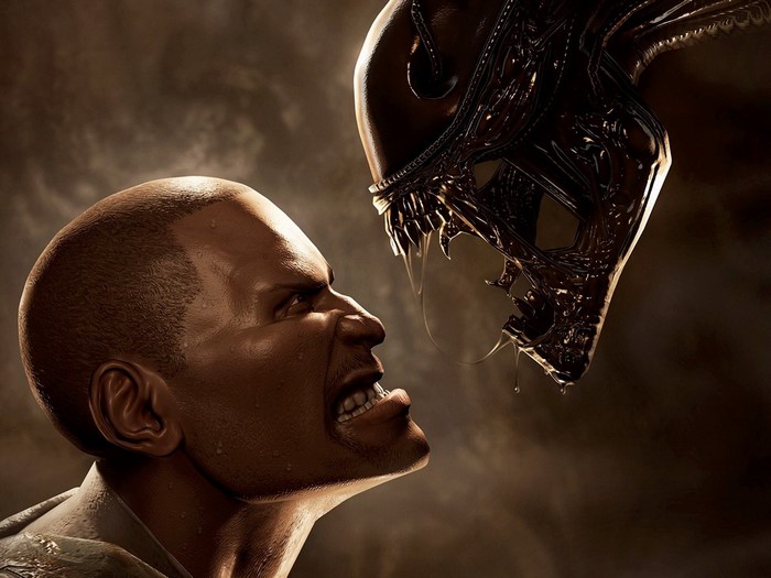 Man confronts Xenomorph in video game screenshot