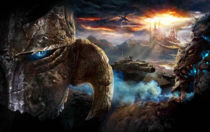 Fantasy landscape with giant creature and tank
