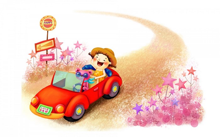 Girl driving a red car with a teddy bear