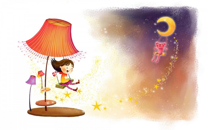 Girl and bear on swings under a lamp and moon