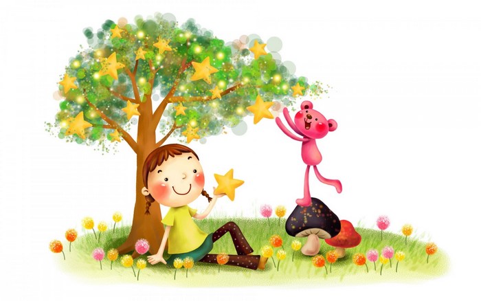 Girl and pink bear collecting stars from a tree