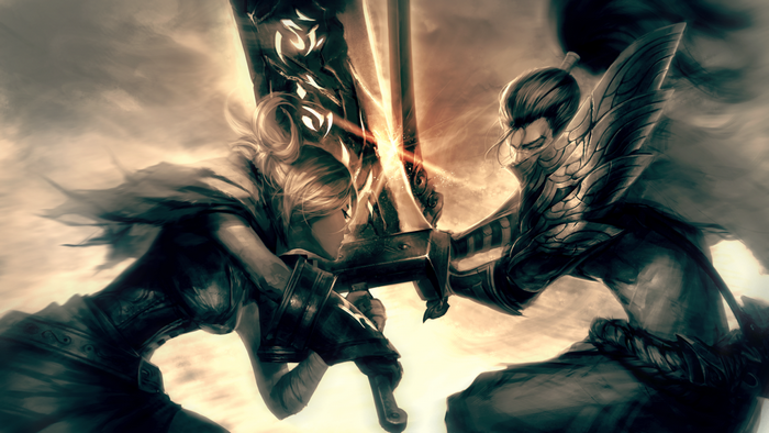 Riven and Yasuo from League of Legends clashing swords