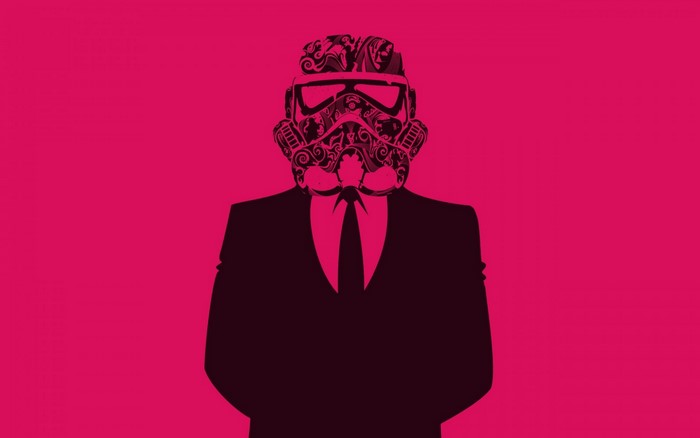 Stormtrooper helmet with ornate patterns on a suit