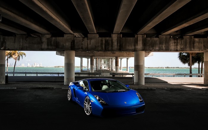 Blue Lamborghini Gallardo parked under a bridge with ocean view