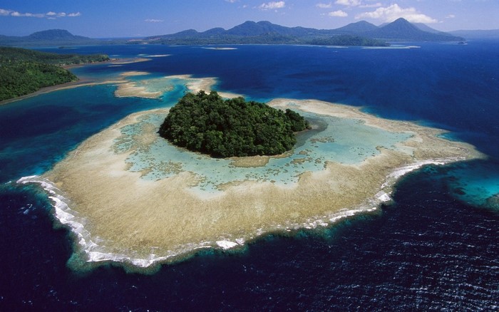 Aerial view of a lush green island surrounded by coral reefs and turquoise waters