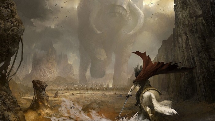 Knight on horseback facing a giant creature in a desolate landscape