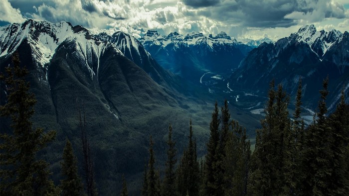 Snow-capped mountains and forest valley landscape