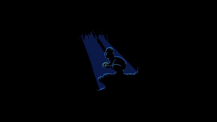 Homer Simpson in a cave holding a glowing orb