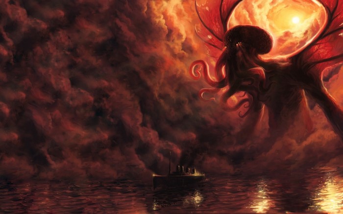 Cthulhu emerges from red clouds over a ship
