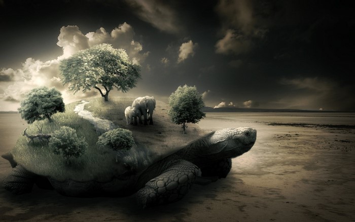 Giant tortoise carrying a landscape with elephants and trees