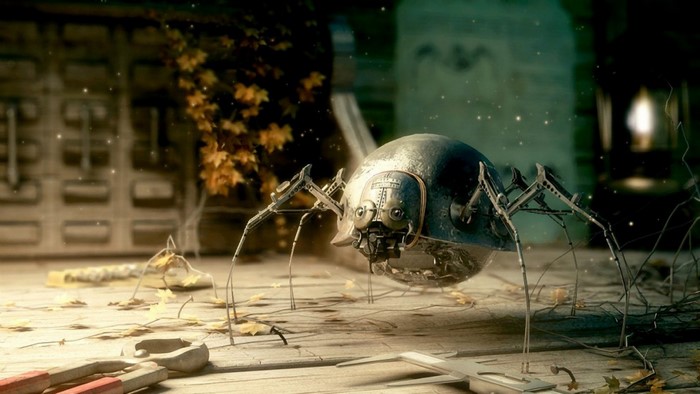 Mechanical spider on a wooden surface with autumn leaves