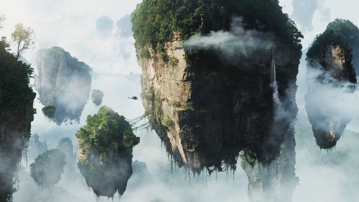 Floating islands with waterfalls and a helicopter