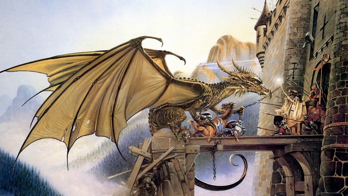 Dragon attacking a castle with knights and a wizard