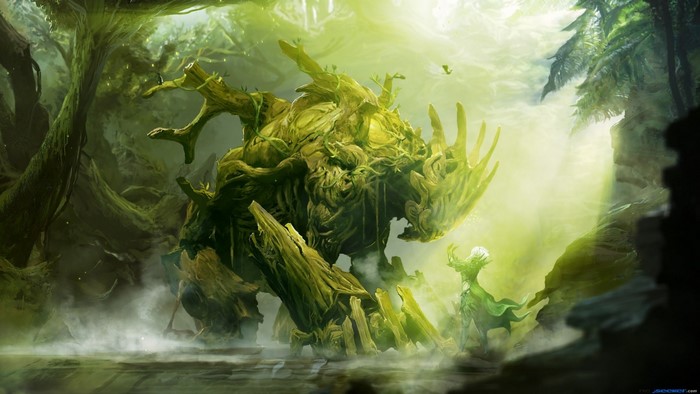 Giant plant creature and Sylvari in a misty forest