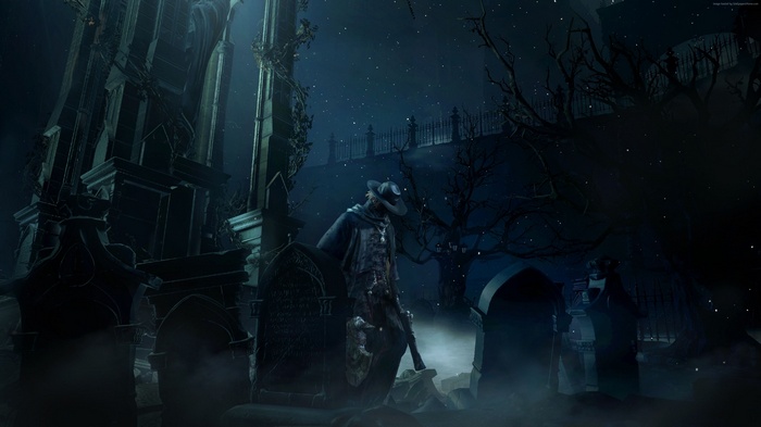 Bloodborne screenshot of a character in a graveyard