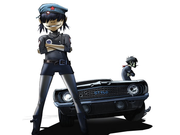Noodle and Murdoc from Gorillaz with a car