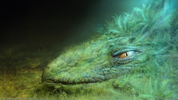 Dragon covered in moss and ferns