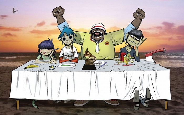 Gorillaz characters at a table on a beach