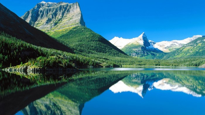 Mountain lake with forest and snow-capped peaks reflection