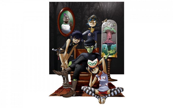 Gorillaz characters in a dark room with a terrarium