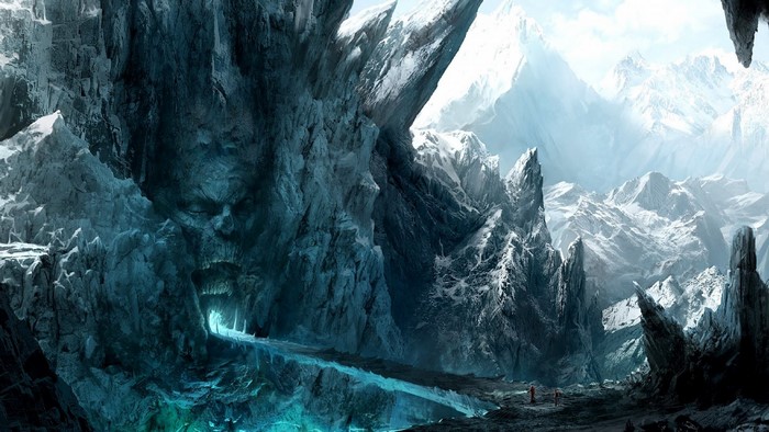 Fantasy ice cave with a face carved into the rock