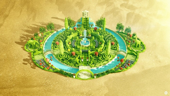 A meticulously designed topiary garden with a central fountain and surrounding water.